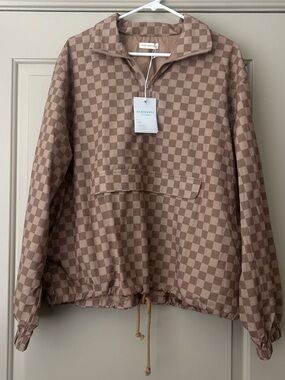 Checkerboard Half-Zip Anorak Jacket in Taupe